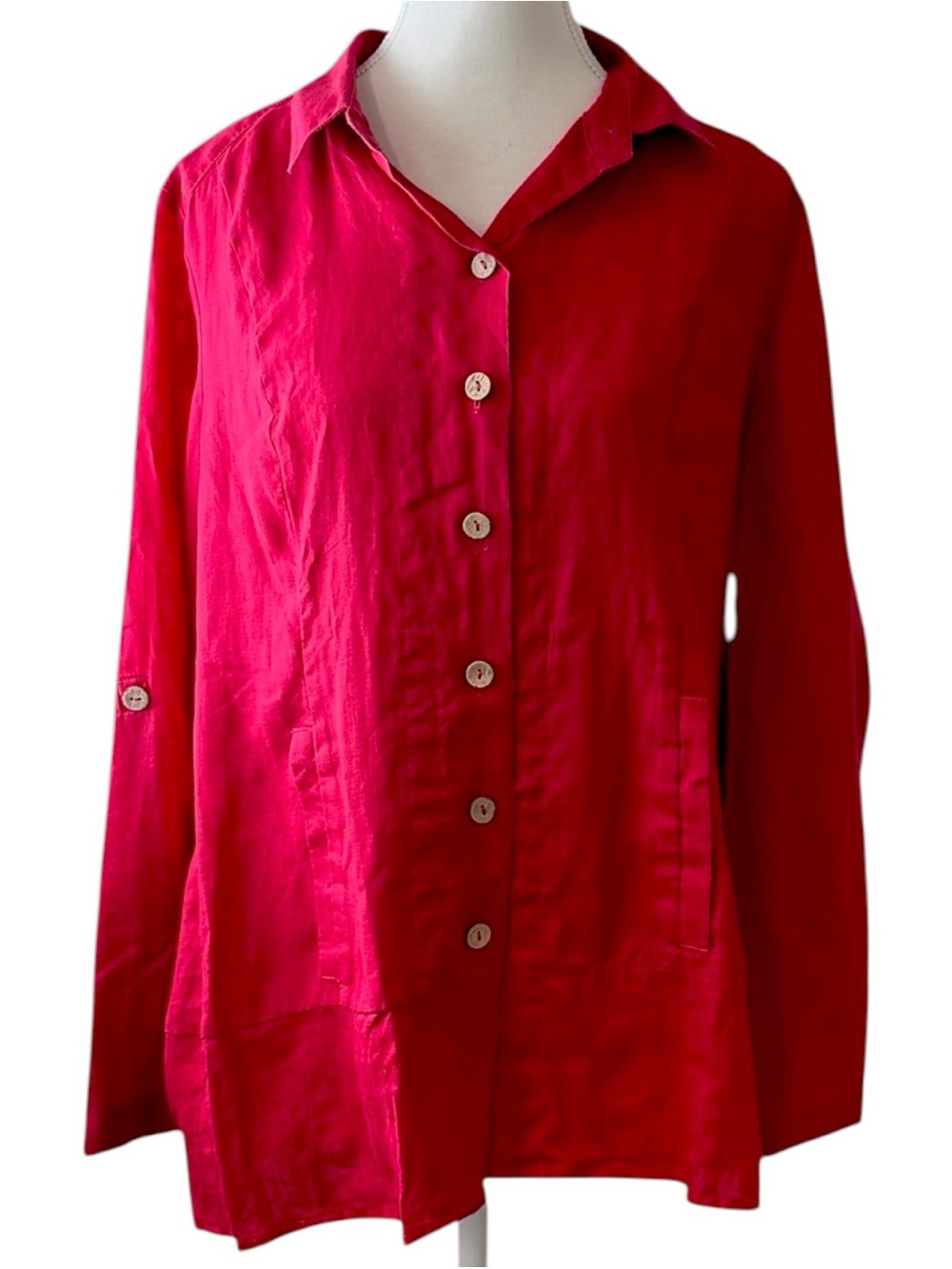 Soft Surroundings Linen Tunic Top Womens PM Red Button Front Roll Tab Sleeve